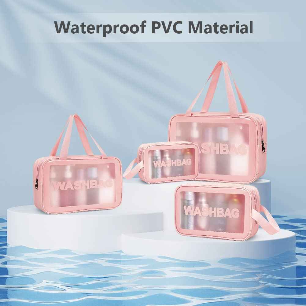 Aucuu 5PCS Clear Toiletry Bags, Wash Bag, Clear PU Makeup Bag, Waterproof Toiletry Travel Bag with Zipper Handle, Portable Airport Cosmetic Bag for Travel Bathroom Men Women (Pink)