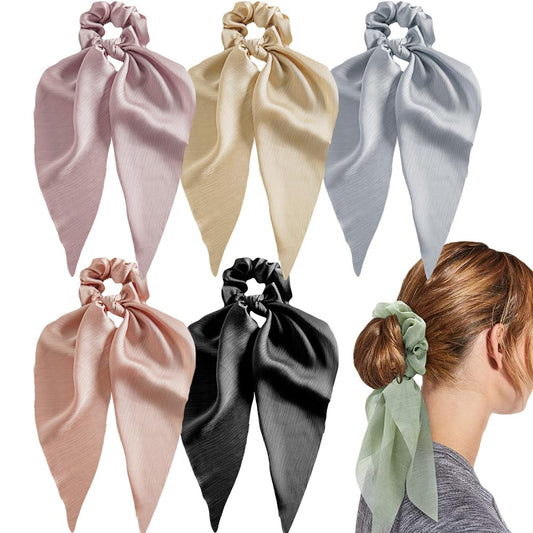 Soft Ribbed Chiffon Scrunchies and Hair Ties with Bows for Women and Girls - Black & Beige 5Pcs Set for Long Hair Ponytails and Updos