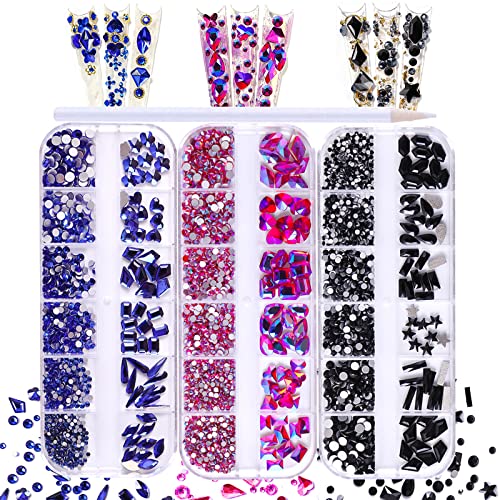 JERCLITY 2430pcs Flat Back Pink Nail Rhinestones Blue Nail Rhinestones Black Nail Rhinestones for Nails Round Beads Crystals Gems Stones Multi Shapes Sizes Nail Rhinestones for Acrylic Nail Face Art