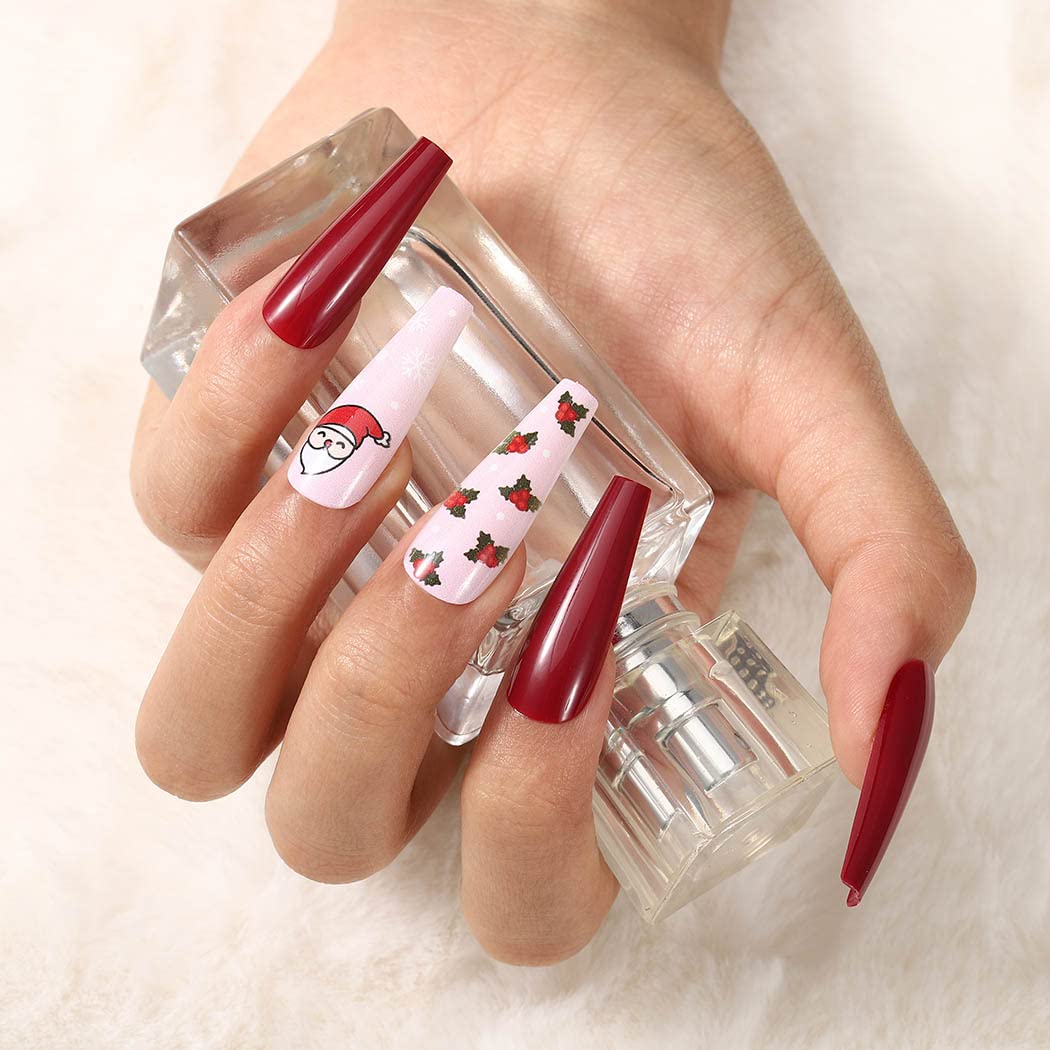 Uranian Coffin Extra Long Press on Nails Snowflake Red Christmas Fake Nails Elk Ballerina Glossy Full Cover False Nails Santa Claus Acrylic Nails Tips for Women and Girls 30 PCS (Pattern-E)