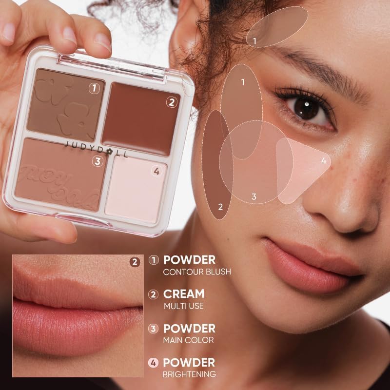 JUDYDOLL 4-in-1 Blush & Highlighter Palette - Creamy Cheek Sculpting