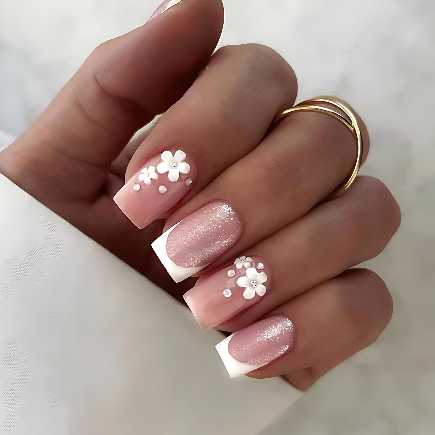 Pink Press on Nails Medium French Tip Press on Nails Square 5D Flower Fake Nails with Artificial Glue Nails Stick on Nails in 24Pcs Medium Square French Nails