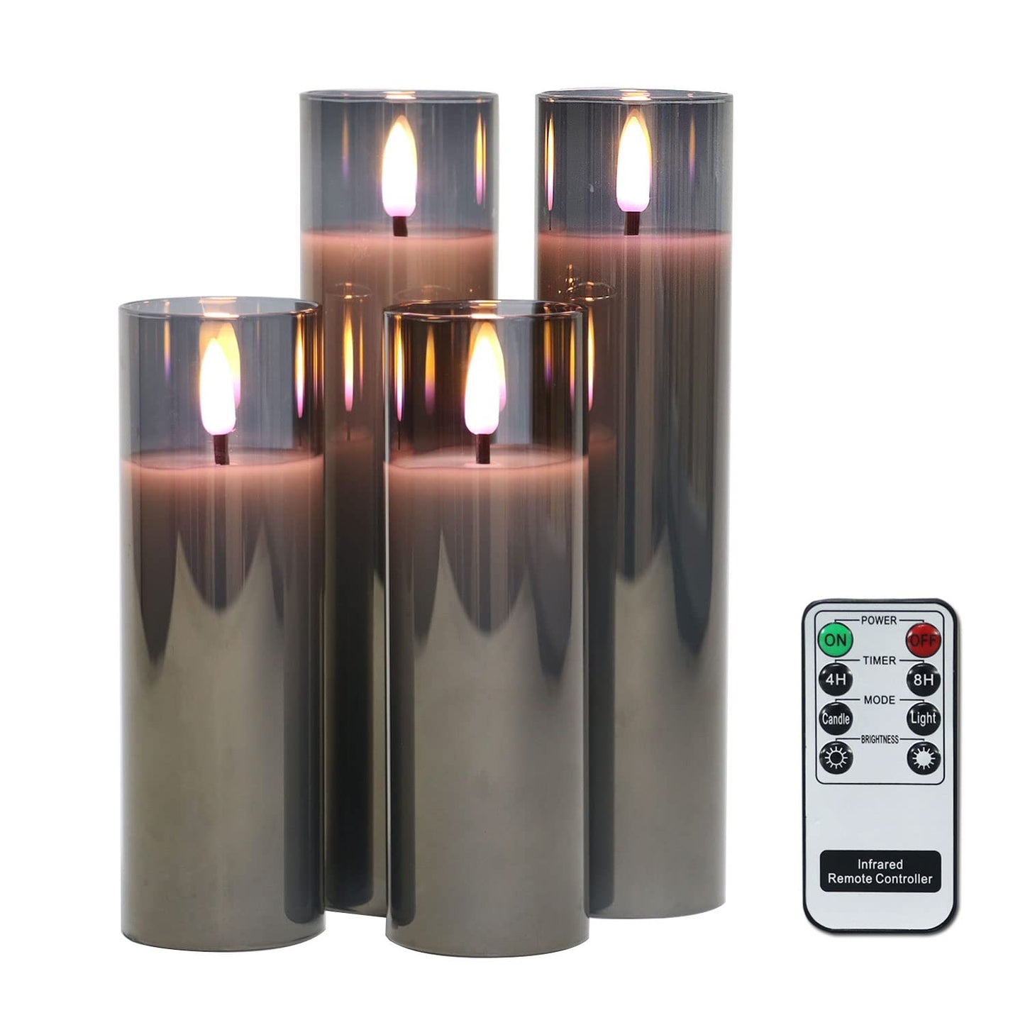 Rhytsing Glass Battery Operated LED Candles, Slim Flameless Candles with Remote, Warm White Light, 8 Batteries Included - D 2'' - Set of 4 (Gray)