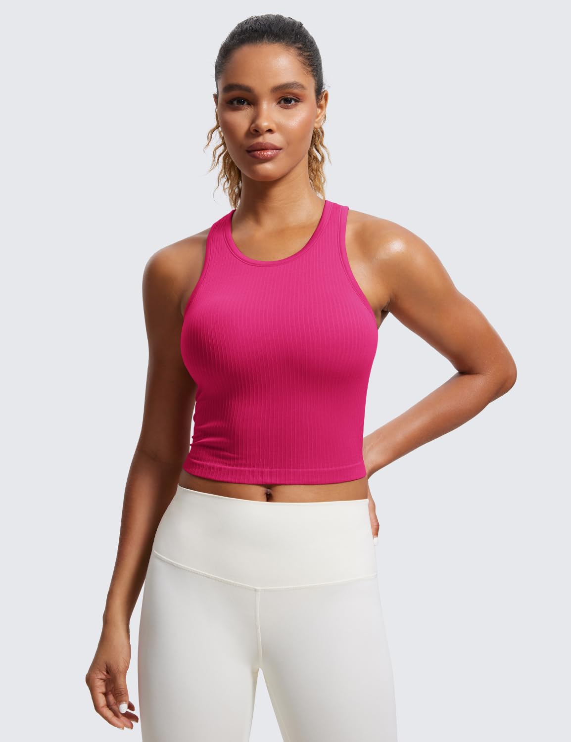 CRZ YOGA Womens Seamless Ribbed Longline High Neck Sports Bra - Racerback Padded Slim Fit Crop Tank Top with Built in Bra Granita Pink XX-Small