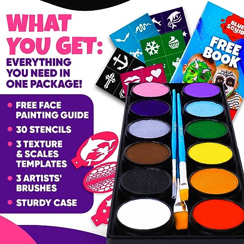 Blue Squid Face Painting Kit - 12 Colors, 30 Stencils, Sensitive Skin Safe