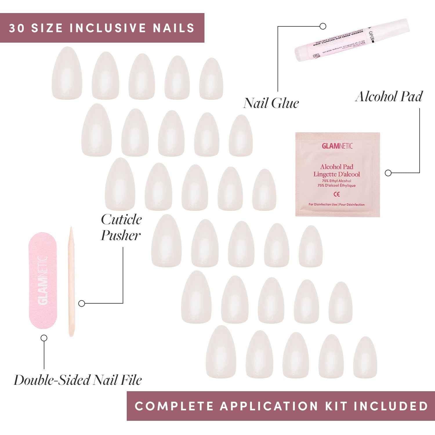 Glamnetic Press On Nails & Toenails - Hailey | Soft Pearl White Fake Nails & Toenails with a Glossy Finish | 15 Sizes - 30 Nail Kit with Glue & 16 Sizes - 32 Toe Nail Kit with Glue