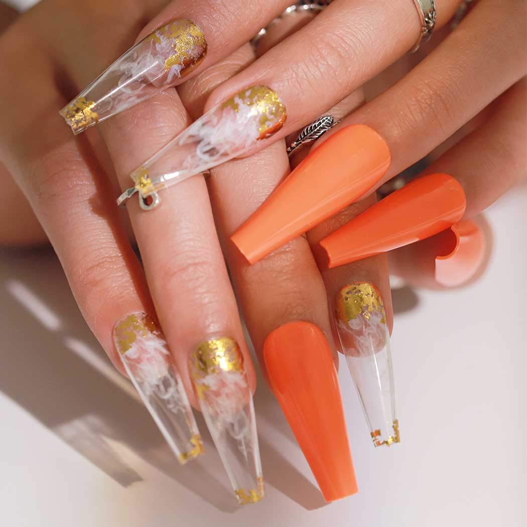 Outyua Glossy Smoke Pattern Fake Nails Coffin Extra Long Press on Nails with Design Ballerina Acrylic Cute False Nails 24Pcs (Orange)