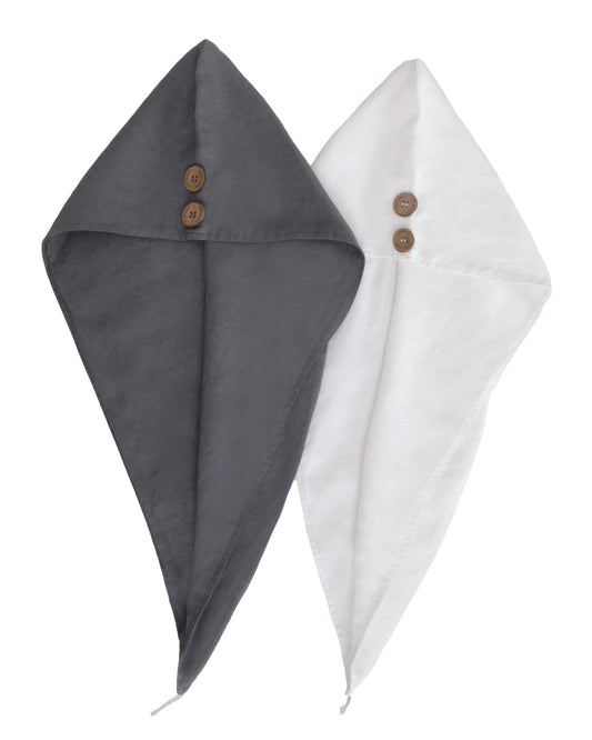 S VICTORY SYMBOL 100% French Pure Linen 2 Pack (Charcoal Grey + White) Hair Wrap Towel for Drying Your Hair Super Absorbent Quick Dry Hair Stone-Washed Sustainable Original Linen Hair Turban