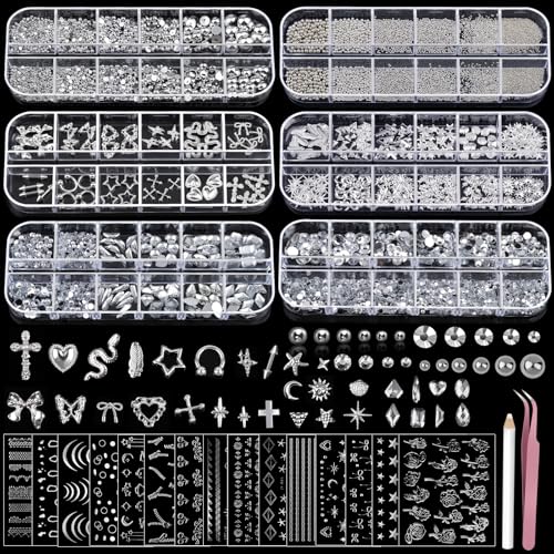 Teentior Nail Charms and Gems Silver Rhinestones for Nails with 15 Sheets Nail Stickers, 6 Boxes Nail Gems Y2K Accessories Pearls for Nails, Cross Nail Charms for Nails Design Caviar Beads for Nails
