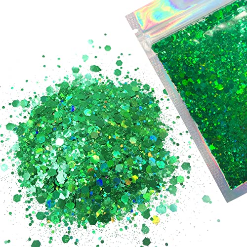 Green Body Glitter - 15g Chunky Holographic Face Glitter, Hair Glitter, Eye Glitter and Body Glitter for Women. Rave Glitter, Festival Accessories, Cosmetic Glitter Makeup. Loose Glitter Set