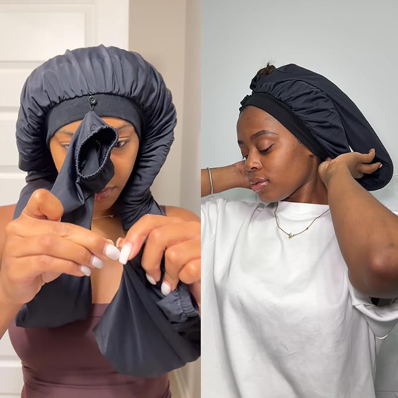 INSBEAUTY Long Hair Sleep Bonnet with Tie Band – Black