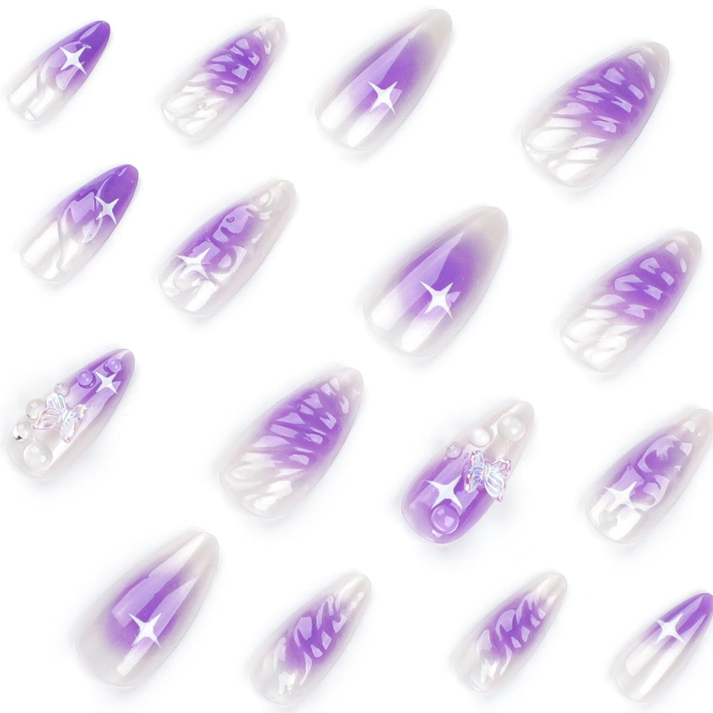 24 Pcs Almond Press on Nails Medium Fake Nails White Full Cover False Nails with Purple Butterfly Designs Glossy 3D Nail Charms French Tip Nails Stick on Nails for Women Girls