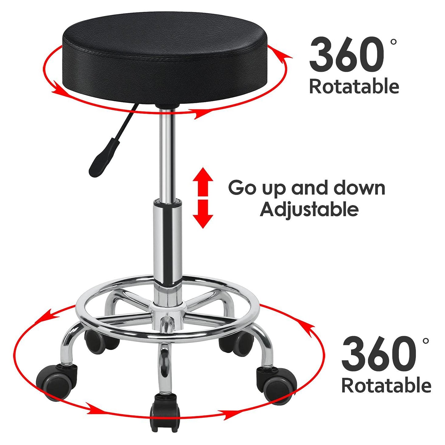 Yaheetech Rolling Stool Adjustable Stool Chair with Wheels Small Round Stool Shop Tattoo Chair with PU Leather Cushioned Seat and Foot Rest, Black