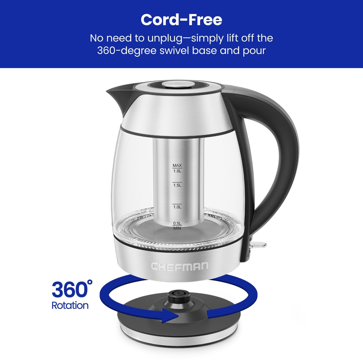 Chefman Glass Electric Kettle for Boiling Water, 1.8L 1500W, with Tea Infuser, Keep Warm Function, Auto Shut Off, Boil-Dry Protection, BPA Free, Hot Water Boiler, Electric Tea Kettle - Stainless Steel