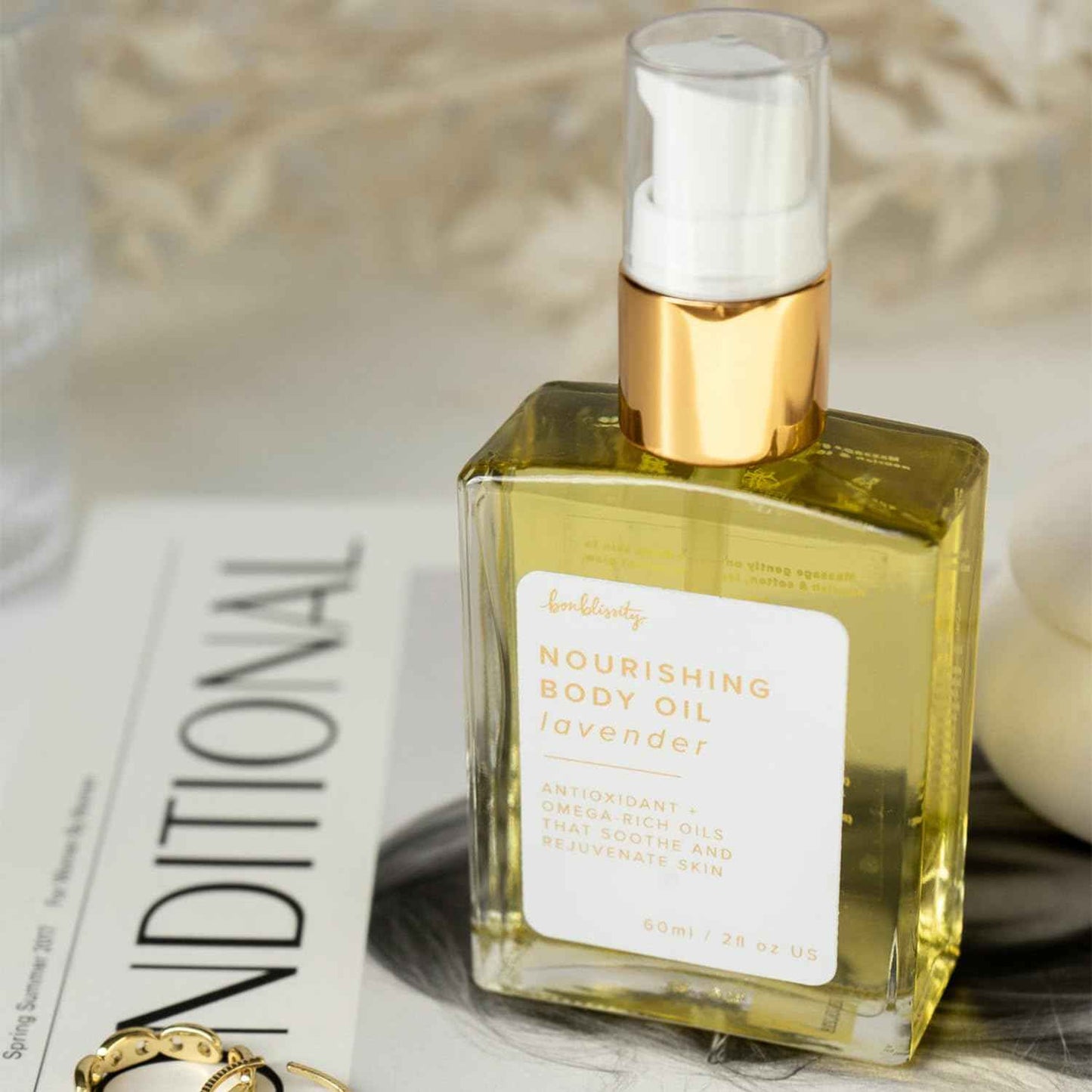 Bonblissity Nourishing Body Oils for Women, 2oz Travel Size - Lavender Scented Body Oil, Non-Greasy Non-Comedogenic, Vitamin E Hydrating Moisturizer for Men and Women with Dry or Sensitive Skin