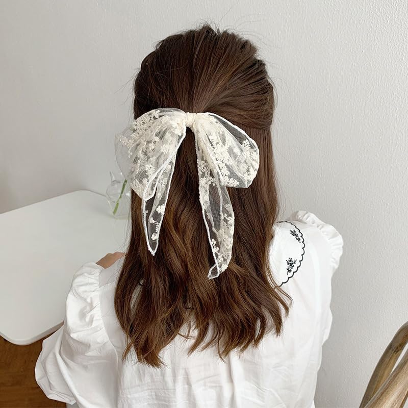 Bow Hair Clips White Lace Hair Bows for Women Girls Bowknot Hair Clip Hair Bow Barrettes Hairclips for Women Styling Large Hair Bow Clips Lace Hair Accessories for Brides Bow Knot Decor Hair Clip