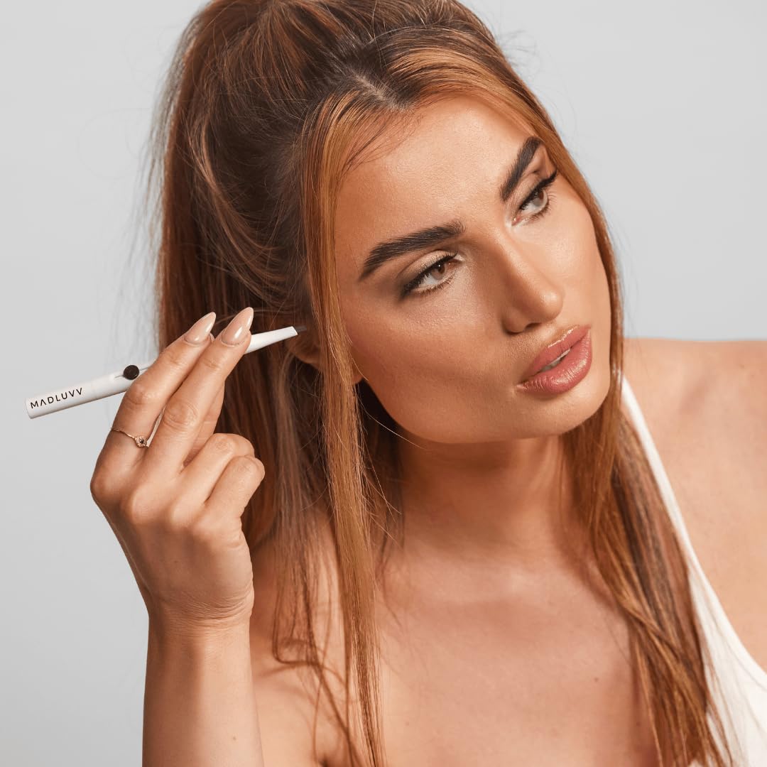 MADLUVV Exacto Brow Pencil for Flawless, Long Lasting, Realistic Brows with Dual-Ended Design Featuring Retractable Blade Tip for Precise Hair Like Detail and Blending Brush - Dark Brown