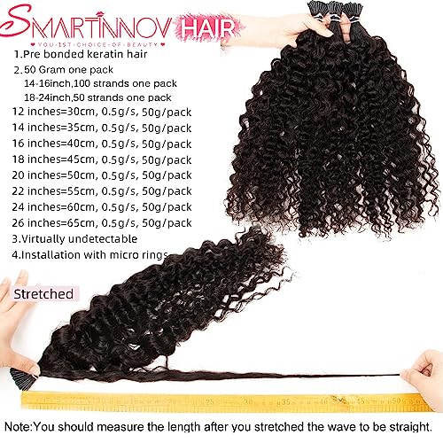 24 Inch Itip Hair Extensions Kinky Curly Pre Bonded Microlinks Human Hairs Extension Stick I Tip Hair Bundles Curly Keratin Hair Extension 1B Black Color for Women Professional Salon Hair 50g 50Stands