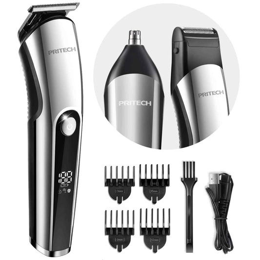 PRITECH Beard Trimmer for Men, 3 in 1 Hair Clippers for Men Kit, Nose,Ear,Micro Electric Shaver, Mens Grooming Set Cordless with LED Display IPX6 Waterproof (Silver)