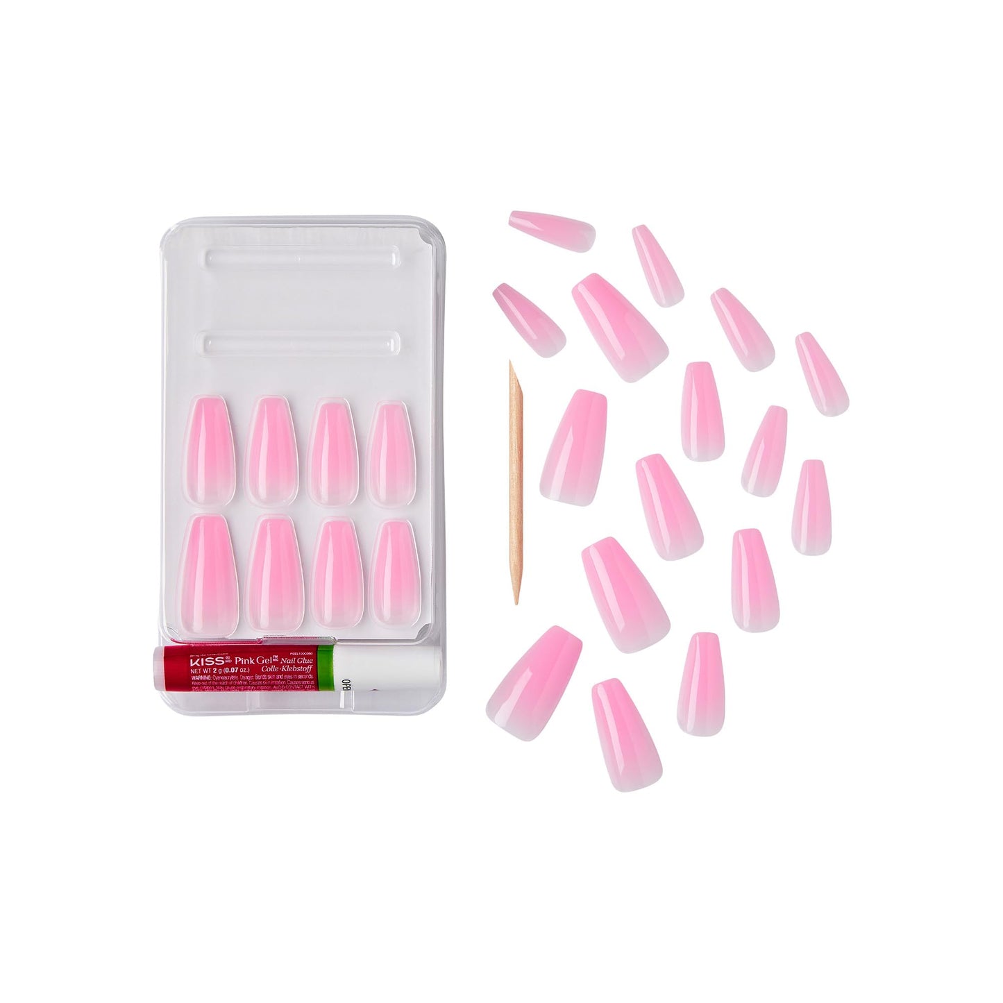 GoldFinger False Nails Kit, Jelly Color Ready to Wear Baby Pink Fake Nails, Manicure Stick and Glue Included, Long Length, Coffin Shape, Long-Lasting Hottest Trend Glue on Nails