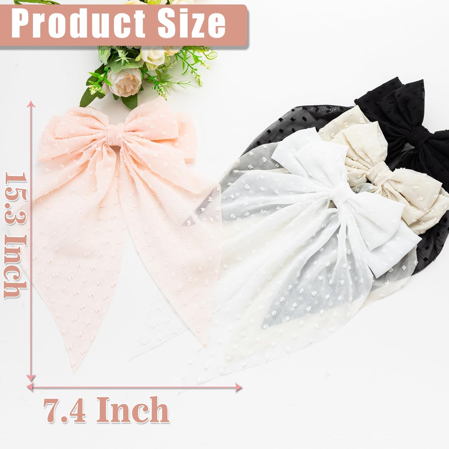 Seneeel Large Hair Bows 4 PCS - Cute Oversized Ribbon Bows for Women in Beige, Light Pink, White, Black - Hair Barrettes for Different Occasions