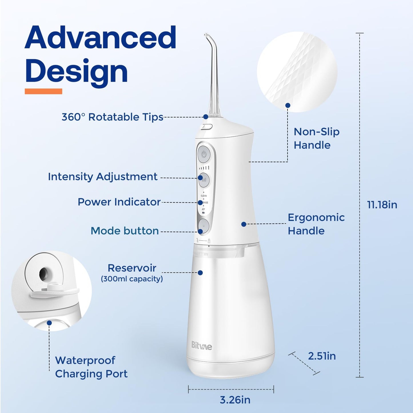 Bitvae C6 Water Dental Flosser for Teeth, Rechargeable Cordless Water Flosser, IPX7 Waterproof Braces Flossers Cleaner, 3 Modes 5 intensities, Advanced Water Dental Picks for Cleaning, White