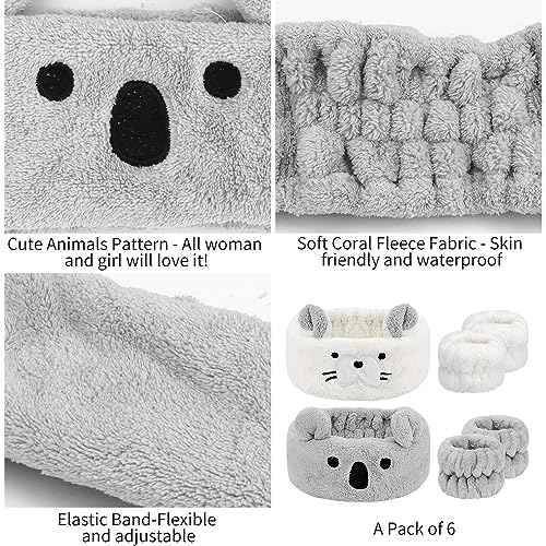 AHONEY Face Wash Headband and Wristband Set, Cute Makeup Spa Skincare Headbands Wrist Bands for Washing Face Headband for Women Girls Elastic Animal Hair Band (White&Grey)
