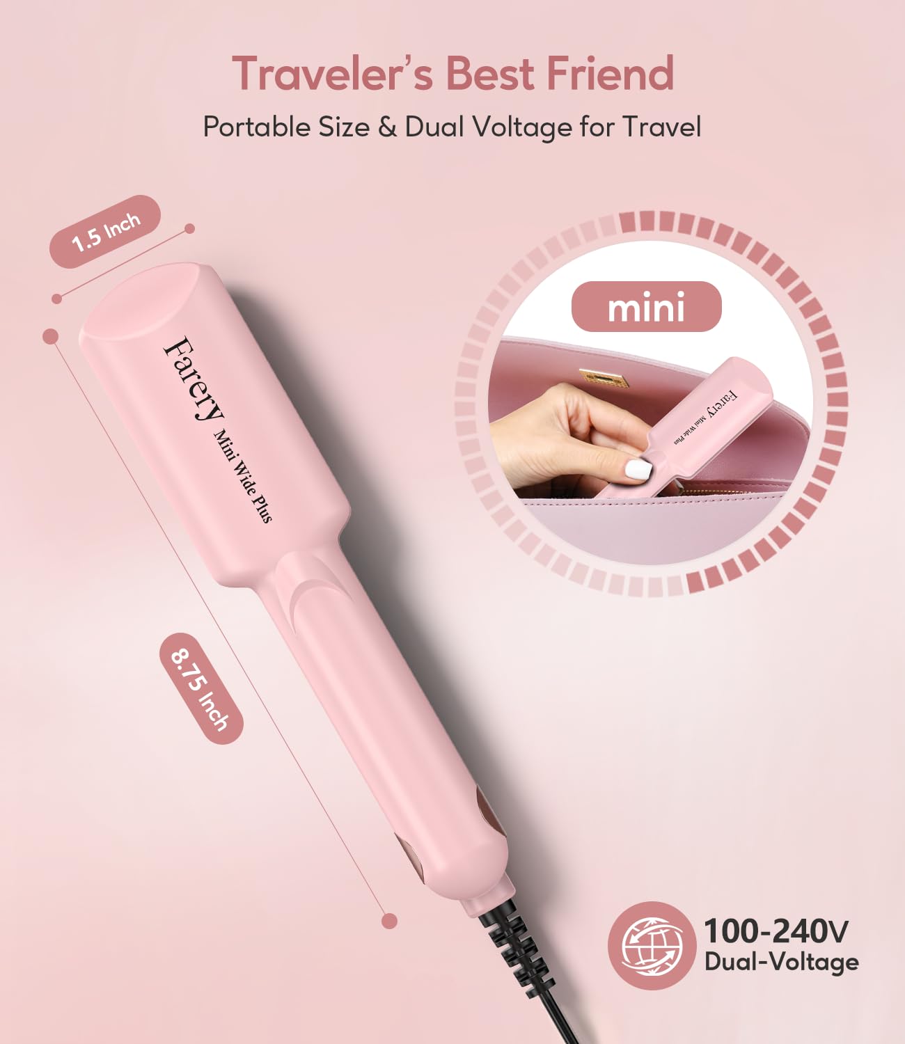 FARERY Mini Flat Iron Travel Size, 1.5 Inch Ceramic Mini Hair Straightener, Small Flat Iron for Short to Medium Hair, Portable Hair Straightener with Dual Voltage and Storage Bag