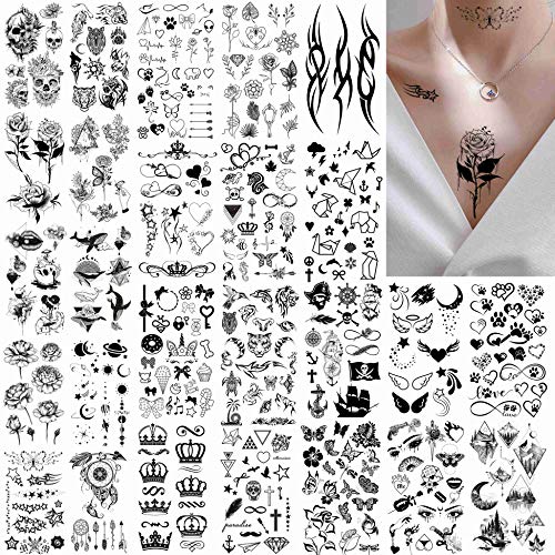 FANRUI 52 Sheets Creative Black Tiny Crown Infinity Triangle Fake Tattoos For Men Women Realistic Stars Letters Tattoos For Kids Temporary Waterproof Arm Hand Face Finger Neck Tatoo Stickers