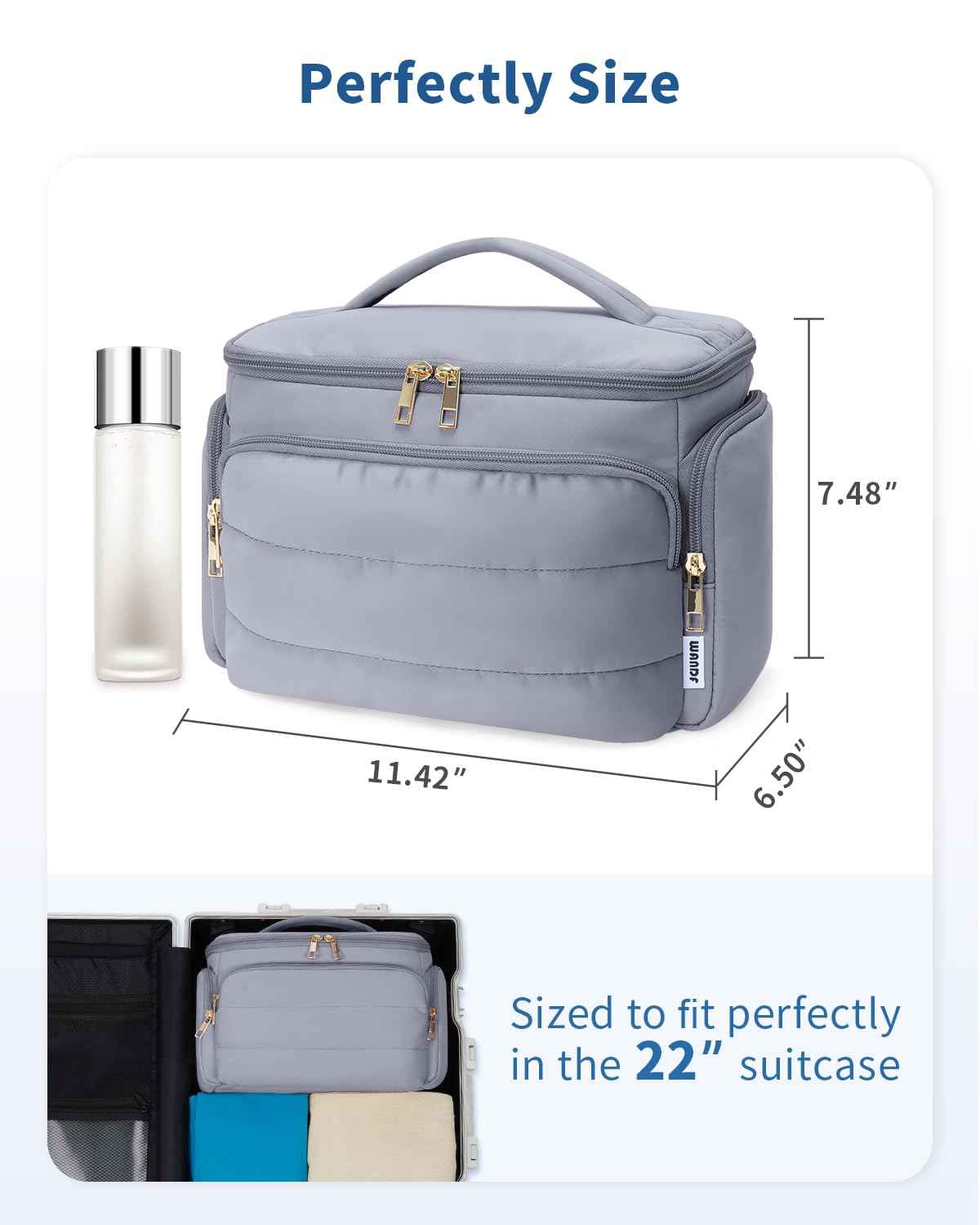 WANDF Travel Toiletry Bag for Women, Wide-open Large Makeup Bag with Handle, Puffy Makeup Organizer for Toiletries, Cosmetics, Accessories, Essentials (Slate Blue)