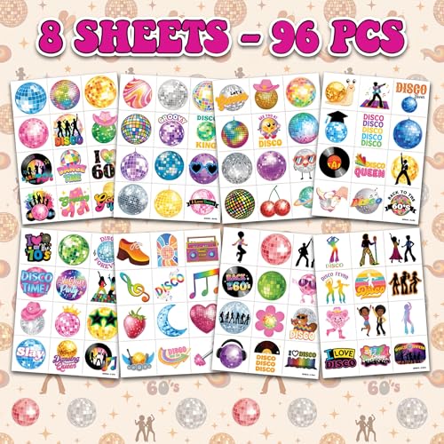 96 PCS Disco 70s Temporary Tattoos for Kids | Retro Party Favors