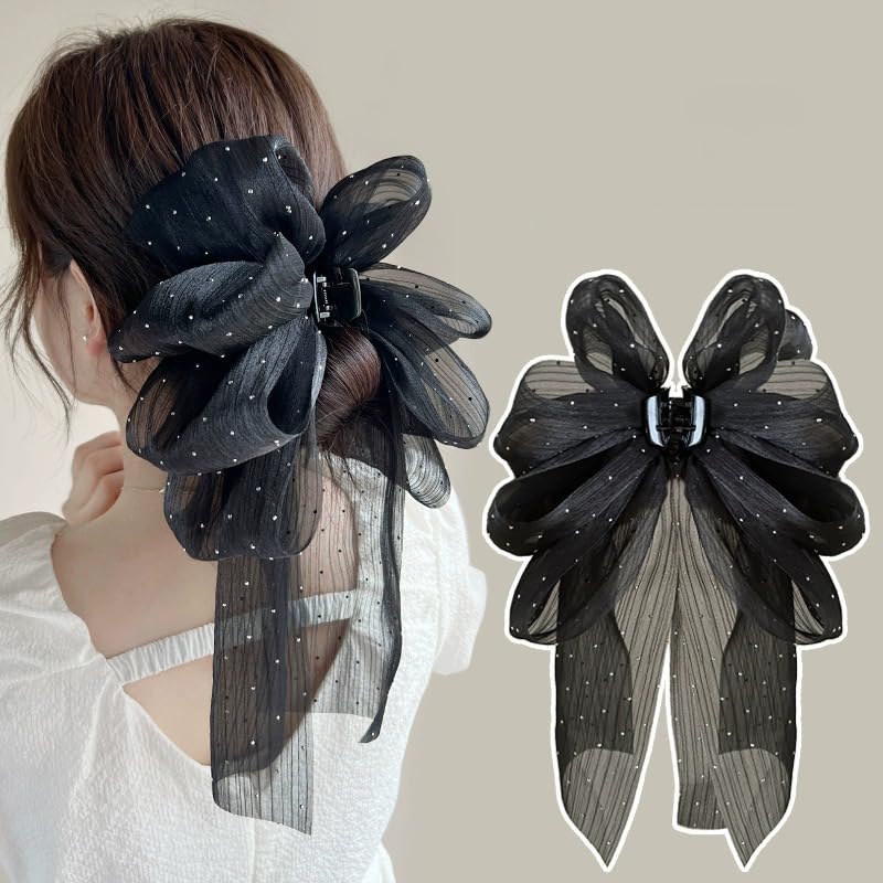 PLwelth Bow Claw Clip Flower Hair Ribbon Claw Black Large Hair Bow Claw for Women Teen Girls Non Slip Hair Accessory for Curly Thin Thick Hair Long Tail Bow Hair Claw for Party Decoration