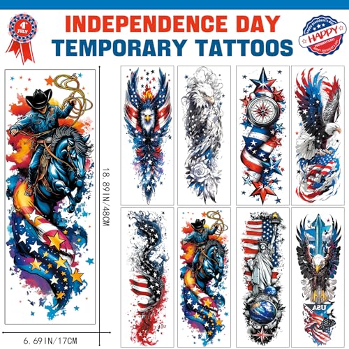 8 Sheets Independence Day Temporary Tattoo, 4th of July Patriotic Sleeve Tattoo, American Flag Fake Tattoos, Red White and Blue Party Supplies, Labor Day, Memorial Day, USA Flag