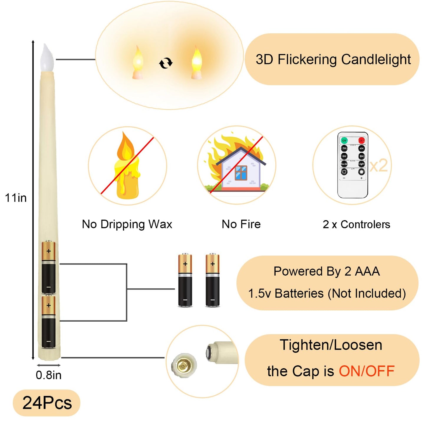 Jaoruizer 24Pcs Flameless Taper Candles,11in Battery Operated LED Taper Candles Flickering with Timer Electric Fake Candlesticks for Wedding Valentine's Day Christmas Party, (Batteries Not Included)