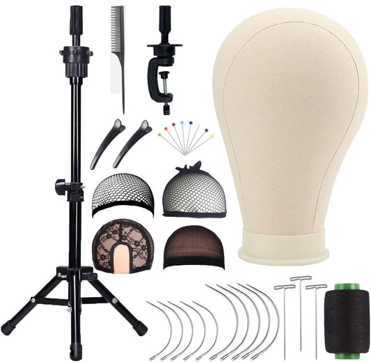 Ginogend 22inch Upgraded Canvas Block Wig Head, Wig Stand Tripod with Mannequin Head for Wig Making Styling with Table Clamp, Wig Caps, Pins Set, Hair Brush&Clips