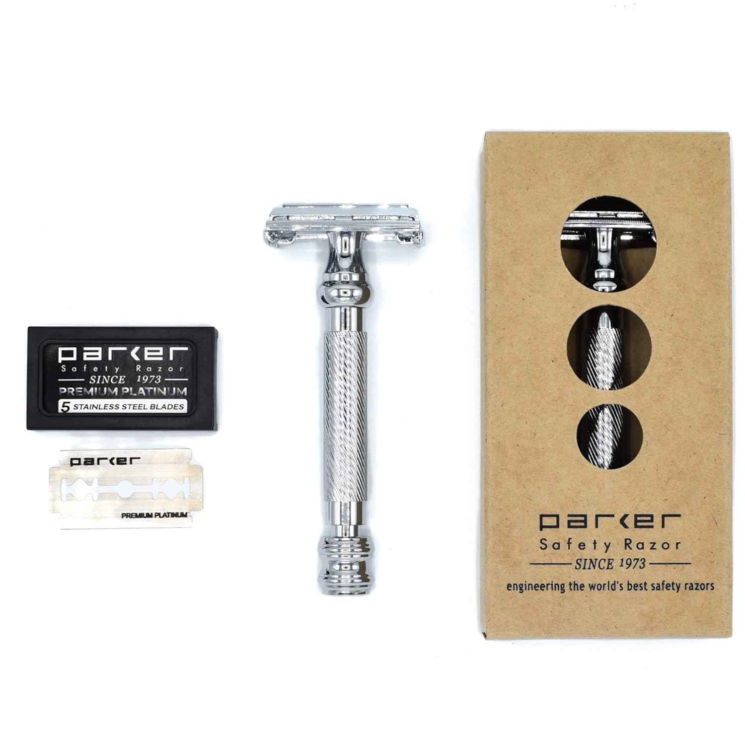 Parker 99R Chrome Long Handle Heavyweight Butterfly Open Double Edge Safety Razor for Men | 5 Parker Premium Platinum Double Edge Razor Blades Included | Iconic Brand
