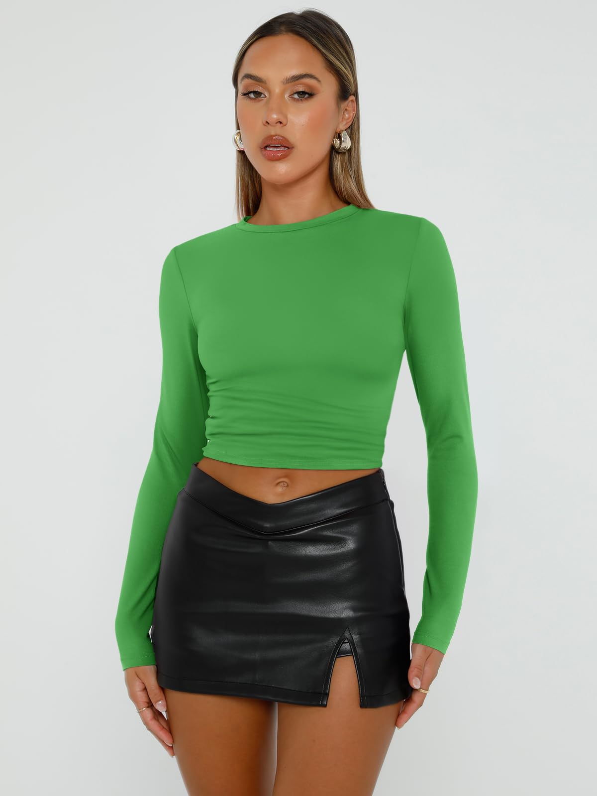 Trendy Queen Womens Long Sleeve Shirts Basic Spring Crop Tops Tees Tight Slim Fit Cute Going Out Outfits Teen Girls Fall Winter Y2k Clothes 2024 Green XS