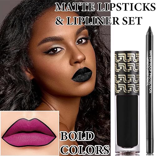 Black Matte Lipstick & Lip Liner Set - Waterproof Velvet