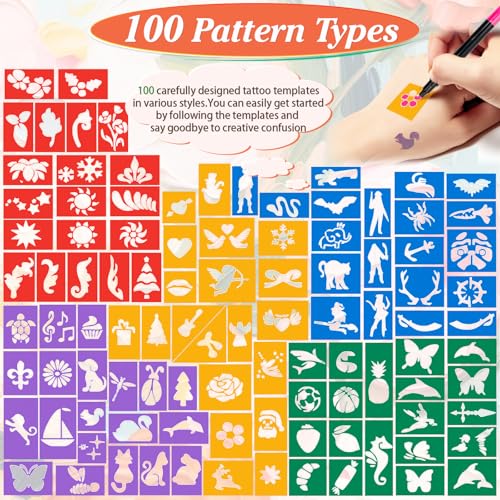 MuseLuxe Temporary Tattoo Markers - 16 Color Pen Set with 100 Stencils