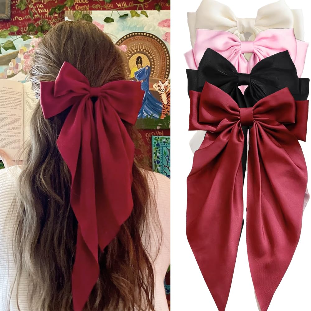 YUUYEE Hair Clip - Hair Bows for Women: 4 Pcs Large Bow Hair Clips with Bowknot Long Tail Tassel Big Bows Ribbons Hair Barrettes for Girls (Black, Red, Beige, Pink)