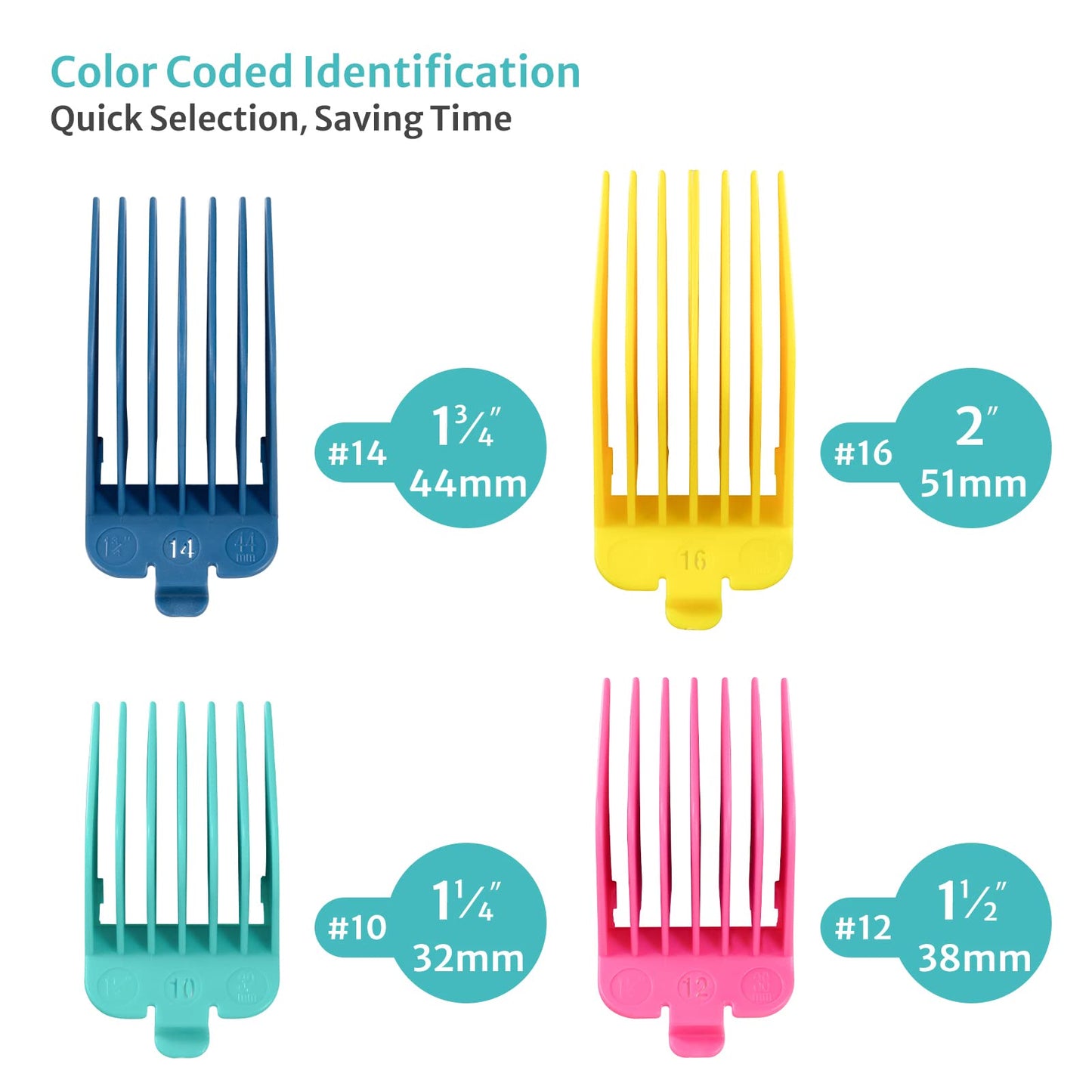 4 Professional Extra Long Hair Clipper Guards Cutting Guides Fits for Most Wahl Clippers, Color Coded Clipper Combs Replacement - 1.25", 1.5", 1.75" & 2" (#10, 12, 14, 16）
