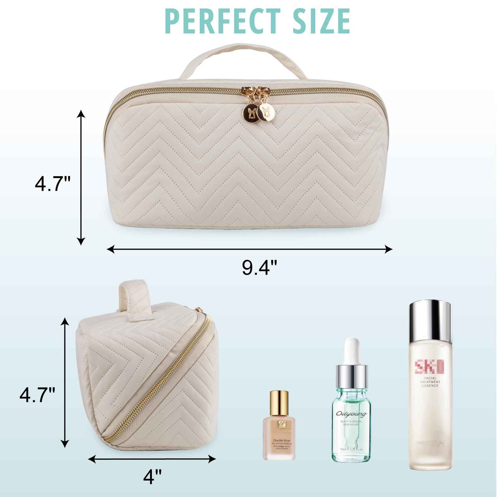 Bunnychill Makeup Bag Cosmetic Bag, Large Capacity Travel Makeup Bag for Women with Portable Pouch Open Flat Water-resistant Toiletry Organizer Bag with Handle (Beige)