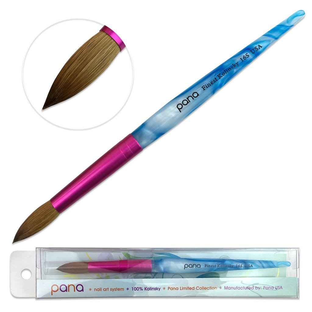 PANA Pure Kolinsky Hair Acrylic Nail Brush - Round Shape Pink Ferrule with White Swirl Blue Handle (Size 16)
