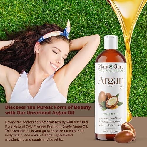 Plant Guru Argan Oil 32 fl. oz. Morocco Virgin, Cold Pressed 100 Pure Natural - Stimulates Hair Growth, Skin, Face And Body Moisturizer.