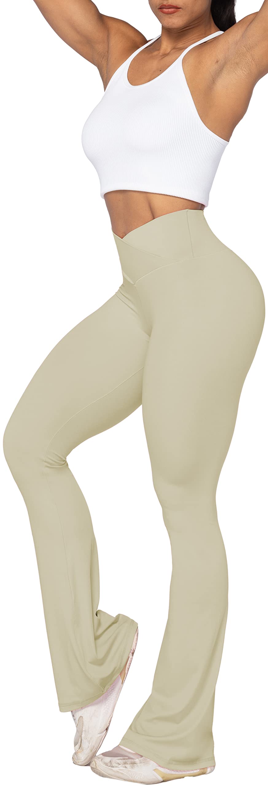 Sunzel Flare Leggings, Crossover Yoga Pants with Tummy Control, High-Waisted and Wide Leg, 30" Inseam, Apricot X-Large