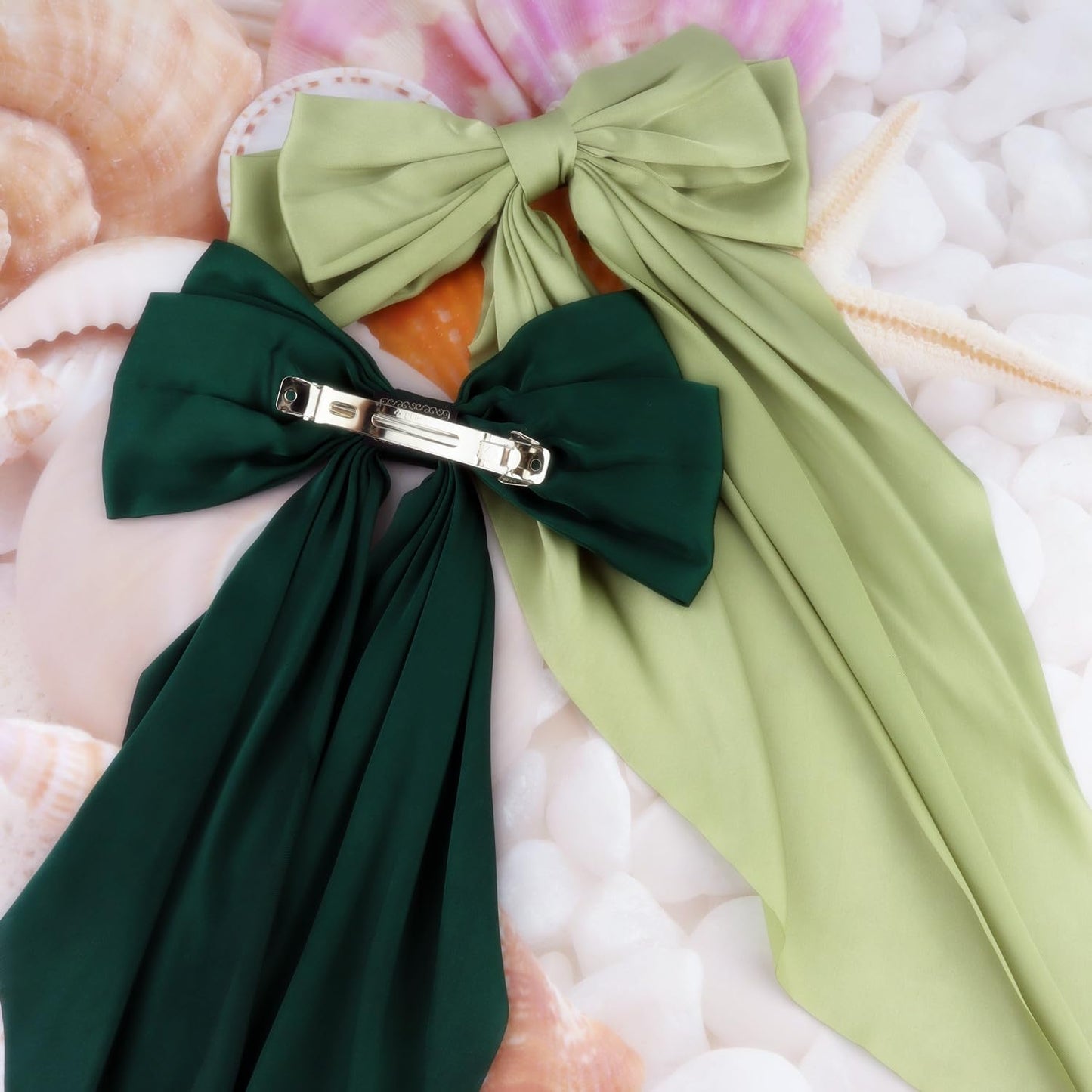 JOYRUBY Green Bow Hair Clips, 2PCS Hair Bows for Women Satin Big Bows for Girls, Long Tail Large Hair Bows for Girls Coquette Bows Hair Accessories