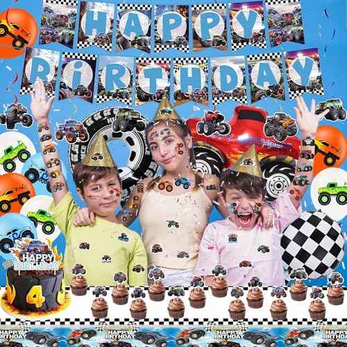 50 PCS Monster Trucks Temporary Tattoos for Kids, Monster Truck Fake Tattoos for Birthday Party Supplies Racing Car Checkered Flag Trophy Flame Tattoo Stickers for Kids Boys Girls Party Bag Filler