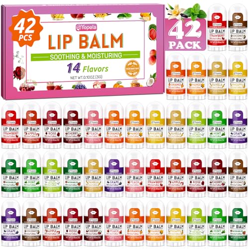 Yopela Mini Lip Balm Bulk 42 Pack, Natural Lip Balms with Vitamin E and Coconut Oil, Moisturizing and Nourishing Dry Cracked Lips,14 Flavors Chap Sticks Small Gift Party Favors for Kids Adults
