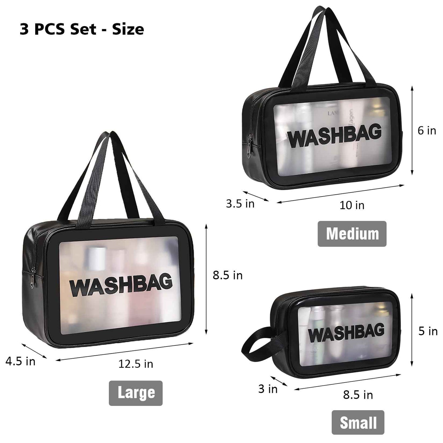 DAPOWER 4 PCS Travel Toiletry Bag for Women and Men, Matte Translucent Shower Bag with Handy Handle, Makeup Cosmetic Organizer Bag for Travel Toiletries Accessories (Black)