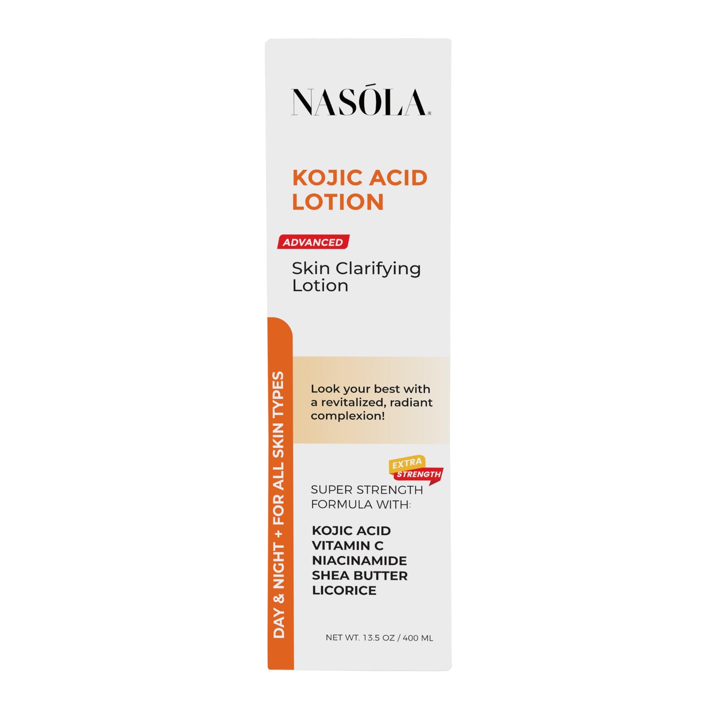 Nasola Kojic Acid Lotion Natural Skin Clarifying for Face & Body with Vitamin C, Niacinamide, Shea Butter, Licorice & Green Tea for Complexion Revitalization, Women & Men